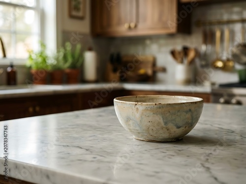 Empty Handmade Ceramic Bowl on a Marble Countertop in a Rustic Kitchen