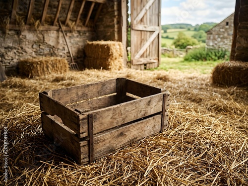 Empty rustic wooden crate on hay inside an old stone barn with countryside view