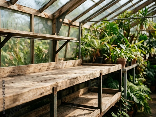 Empty wooden potting bench in a sunlit rustic greenhouse with lush green plants