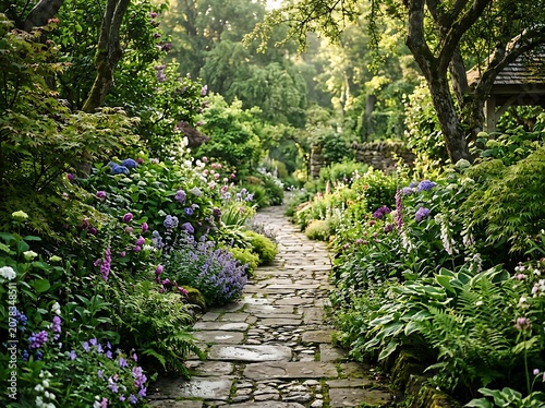 Lush Stone Path Through a Blooming English Cottage Garden in Summer