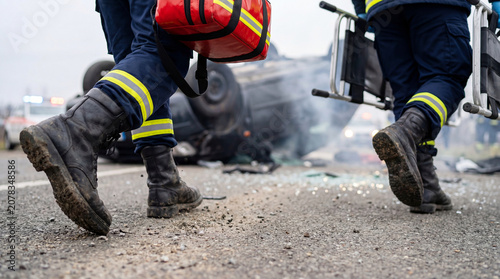 Emergency responders with medical bag and stretcher walking toward overturned vehicle after serious road traffic accident with smoke and debris at crash scene, close-up of first responders' boots