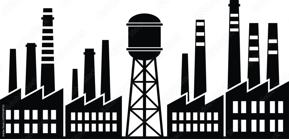 Obraz premium Black Industrial Factory Icon Illustration with Water Tower and Chimneys Isolated on Gray Background Design