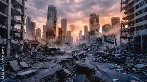 Ruins of a very heavily after a major earthquake
