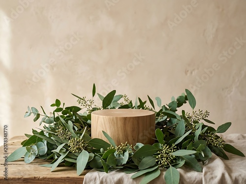 Minimalist wooden pedestal mockup with green eucalyptus wreath on a beige background