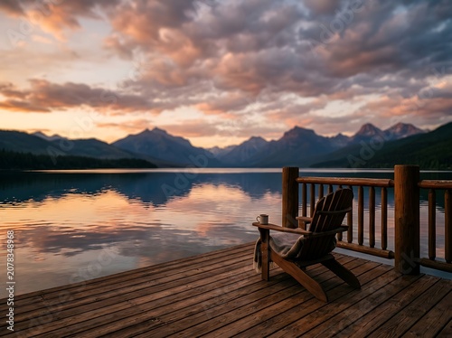 Peaceful mountain lake sunset view from a wooden dock with Adirondack chair