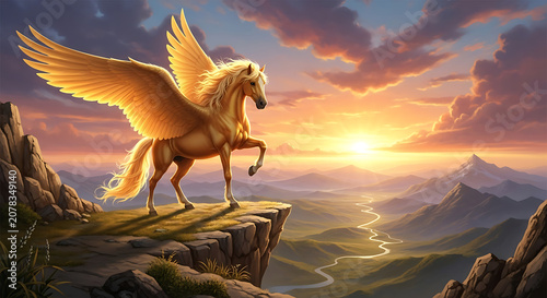 Majestic Golden Pegasus Standing on a Rocky Cliff overlooking a Vast Mountain Landscape at Sunset