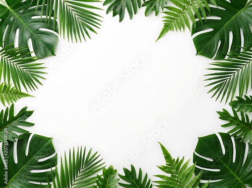 Tropical green leaves border frame on white background with copy space