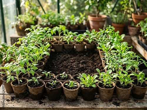 Spring seedlings in biodegradable pots ready for planting in a greenhouse setting
