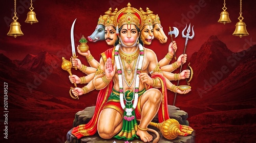 Hanuman, Indian god Hanuman ji wallpaper 3d Illustration with mountains God Bajrangbali poster design for wallpaper Mandir Temple panchmukhi hanuman