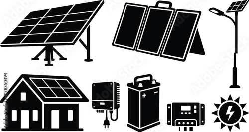 Solar energy icon vector set with rooftop solar panels folding portable charger street light inverter battery and charge controller symbols