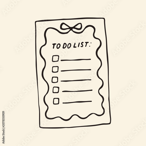 Hand drawn to do list paper sheet with a cute bow ribbon. Minimalist line art illustration of a daily planner page or checklist template. Stationery for goal setting and tasks