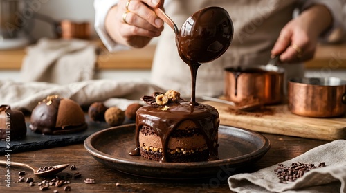 Delicious Chocolate Cake Being Glazed with Rich Chocolate Sauce.
