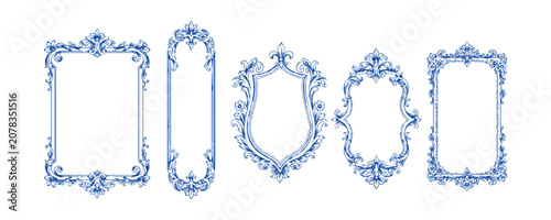 Obraz na płótnie Collection of ornate blue decorative frames with vintage floral elements