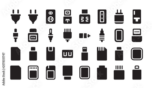 Tableau sur toile Collection of various digital connectors memory cards and power plug silhouettes for design