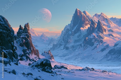 Snow covered alpine peaks under a glowing celestial planet at twilight in a cinematic wide landscape shot for travel and science fiction marketing
