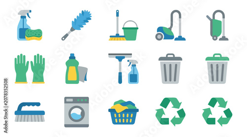 A collection of flat vector icons representing various household cleaning tools and supplies.