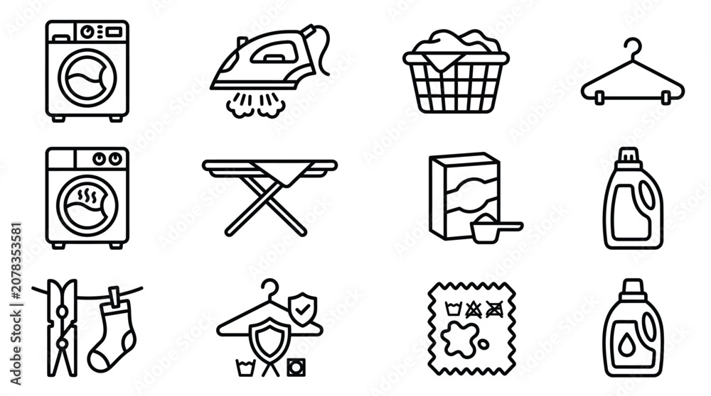Fototapeta premium A collection of twelve black and white laundry and cleaning icons.
