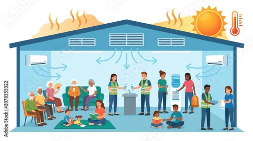 Diverse group of people of all ages enjoying a cool, air-conditioned community center on a hot sunny day, illustrating comfort and relief from extreme heat outdoors