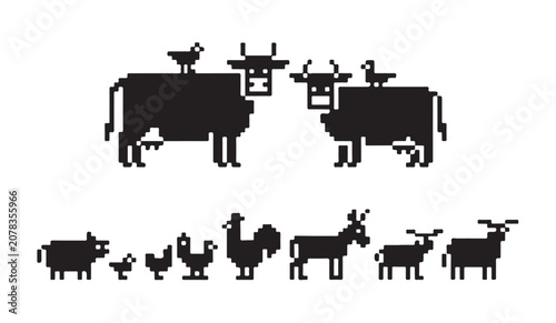 Tableau sur toile Pixel art farm scene featuring large cow silhouettes with small birds on their backs