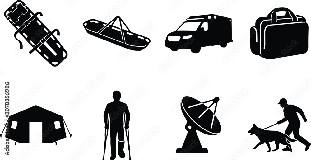 Fototapeta premium Search and rescue emergency medical response black silhouette vector icon set featuring ambulance, stretcher, and tent