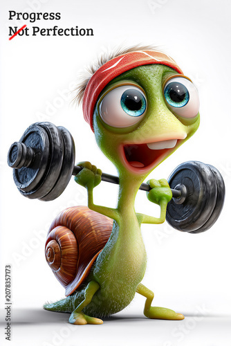 Cute Snail Character Lifting Weights with 'progress Not Perfection' Text