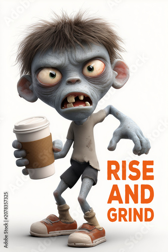 Cartoon Zombie with Coffee Cup 