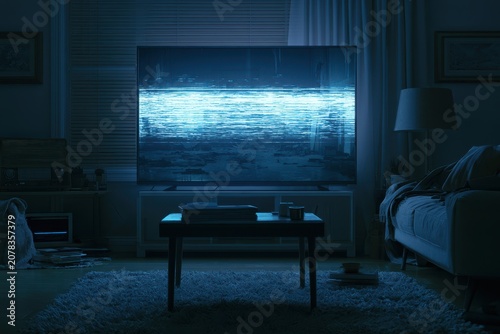 Television screen displaying glowing digital glitch in a dark living room cinematic wide shot for cyber security marketing