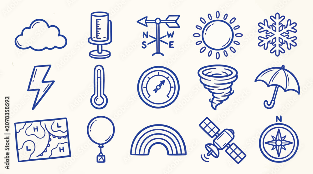 Naklejka premium Collection of hand-drawn weather icons and symbols representing different meteorological phenomena and tools.