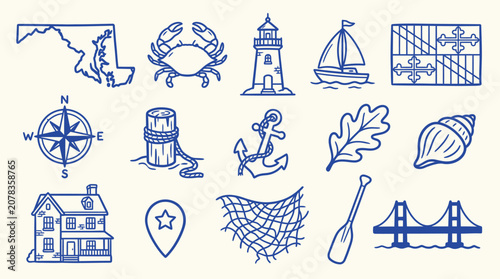 Collection of Maryland-themed icons including state outline, crab, lighthouse, sailboat, and bridge.