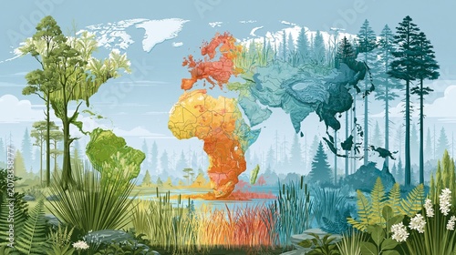 A colorful global map showcasing variations in light use efficiency across forests, with highlighted regions representing different plant traits and climatic conditions, set against a natural