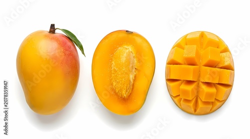 Fresh Mangoes: Whole, Halved with Pit, and Diced Cubes on White Background