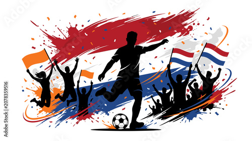 Dynamic silhouette of a soccer player kicking a ball with enthusiastic fans and Dutch flags.
