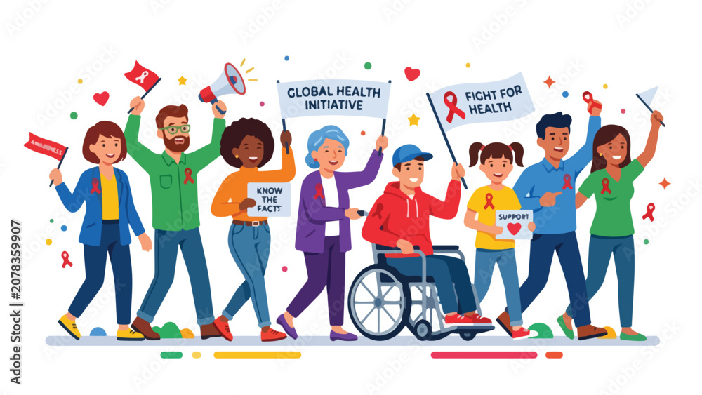 Fototapeta premium Flat design vector illustration of people wearing red ribbons to promote health awareness, clean composition, isolated on a white background