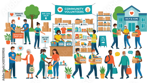 Obraz na płótnie Flat vector illustration of community volunteers assisting people and organizing