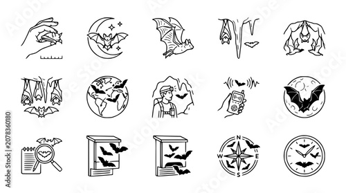 Quadro su tela Bat Icon Set: Wildlife, Nocturnal Animals, Cave Dwellers, Scientific Research, N