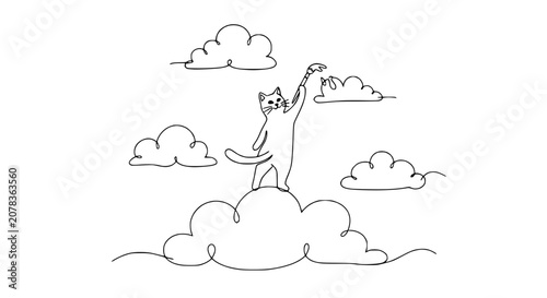 Photos Whimsical cat drawing reaching for clouds in a minimalist, single-line art style