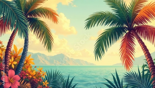 Colorful vintage palm tree patterns, Hawaiian style , trees, painting, palm