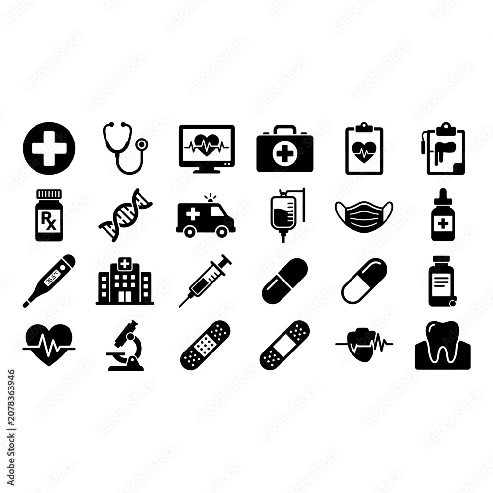 Fototapeta premium Medical and healthcare icon set vector illustrations solid black shapes isolated