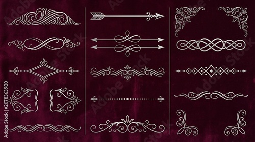 Elegant Silver Ornate Flourishes and Dividers Collection on Dark Red Background