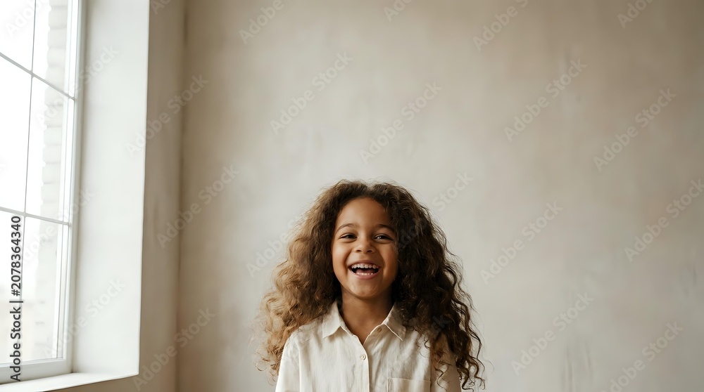 Fototapeta premium Young woman with curly brown hair and medium skin tone wearing white shirt, smiling against neutral beige wall with natural window light for portrait and lifestyle use.