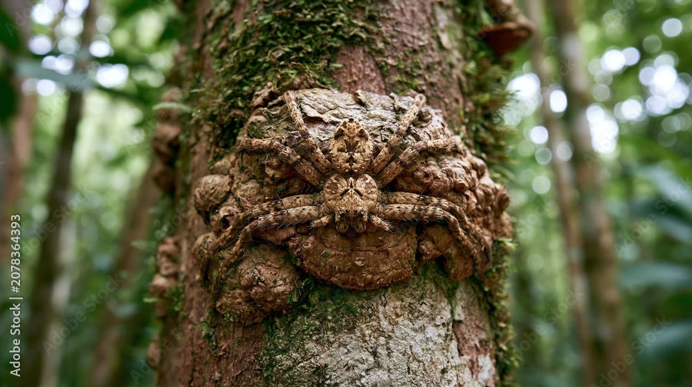 Obraz premium A close-up of a spider blending seamlessly into its surroundings, camouflaged as a parasitic fungus on a tree trunk in a dense Amazon rainforest setting.