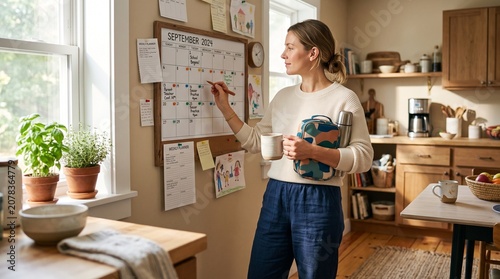 Woman planning September 2024 calendar with school and soccer practice events in kitchen