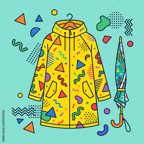 Retro Yellow Raincoat and Umbrella with Geometric Patterns