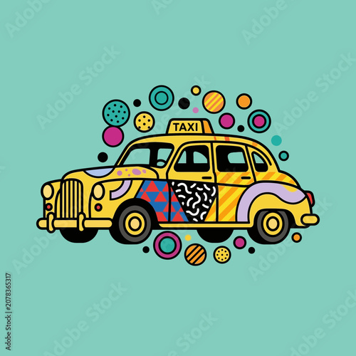 Retro yellow taxi with vibrant abstract pattern and circles
