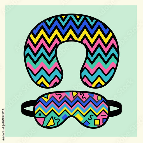 Retro Travel Neck Pillow and Eye Mask with Geometric Patterns