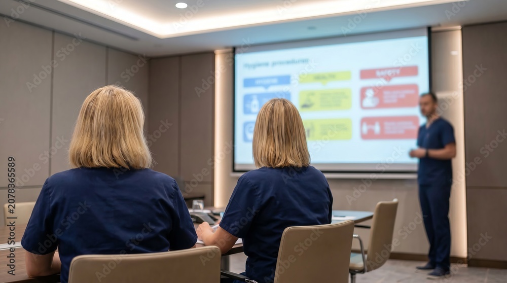 Fototapeta premium Hospital health and safety training session with medical staff wearing scrubs seated in conference room, hearing health and safety training presentation, continuous professional education