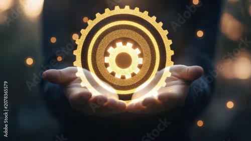 Business hands holding glowing golden gear hologram creating innovation management scene with automation workflow engineering progress teamwork productivity and modern corporate technology solution
