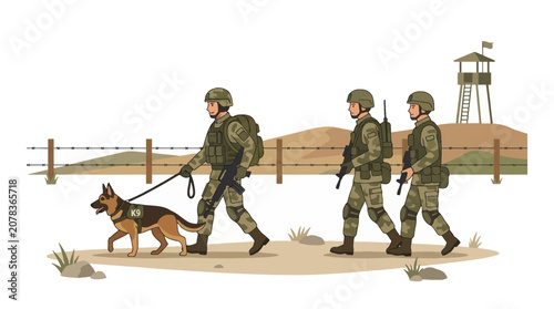 Soldiers and Military Dog Patrolling Border Area with Watchtower