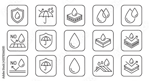 Waterproof and water resistant protection outline icons with waterproof protection moisture