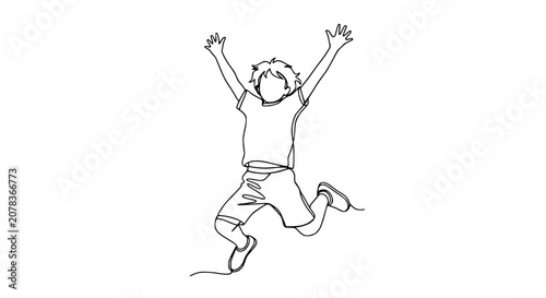 Cuadro en lienzo Joyful Child Jumping in Air, One Line Drawing, Happiness and Freedom Concept